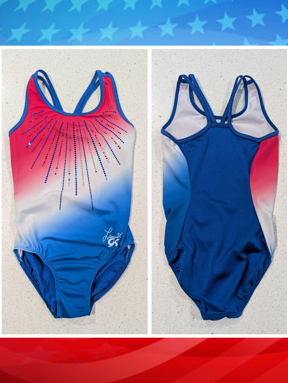 LAURIE HERNANDEZ GK ELITE Gymnastics Leotard AS Small PATRIOTIC Red White Blue